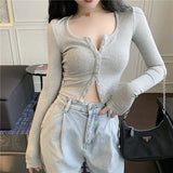 Button Thin Knitted Long Sleeve Crop Top