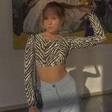 Long Sleeves Leopard Backless Slim Crop Top