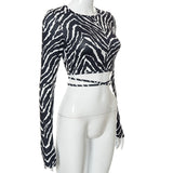 Long Sleeves Leopard Backless Slim Crop Top