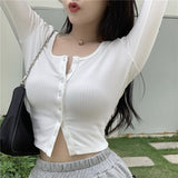 Button Thin Knitted Long Sleeve Crop Top