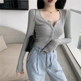 Button Thin Knitted Long Sleeve Crop Top