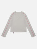 Light grey long sleeve knit streetwear top with pink contrast stitching and a notched v-neckline