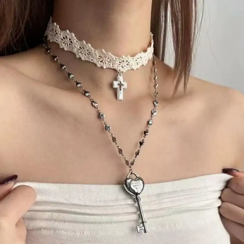 Lace Choker & Heart Lock Necklace