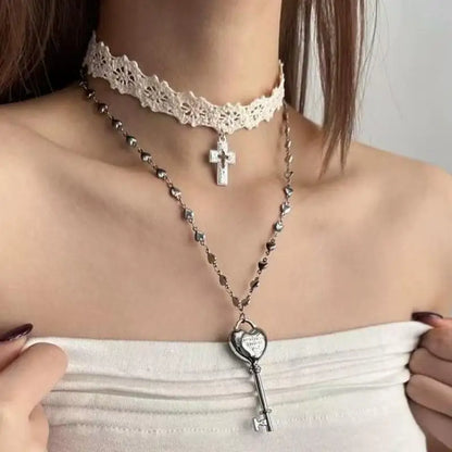 Lace Choker & Heart Lock Necklace
