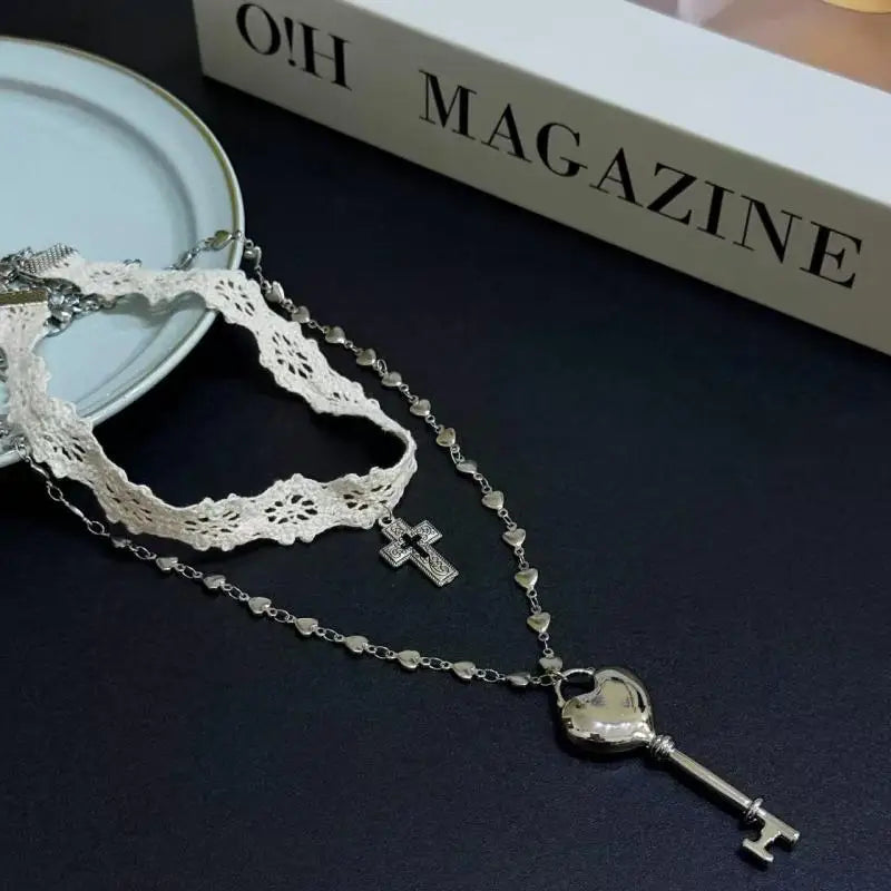 Lace Choker & Heart Lock Necklace