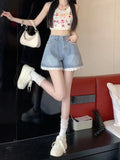 Lace Trim Wide Leg Denim Shorts