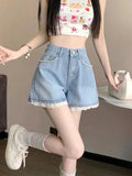 Lace Trim Wide Leg Denim Shorts