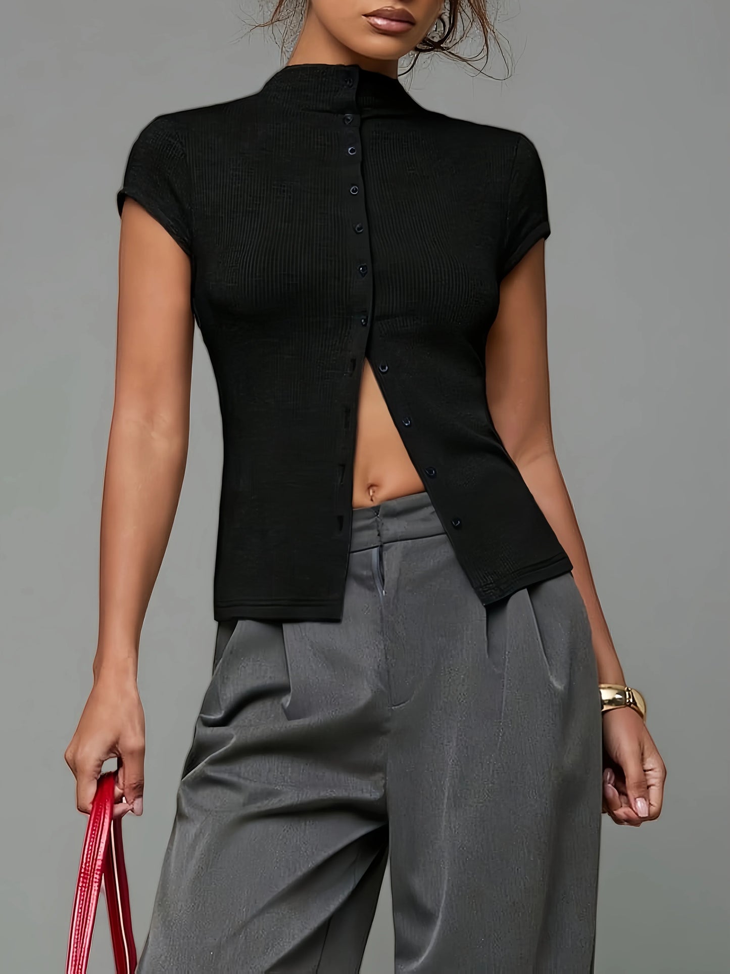Mock Neck Button Top