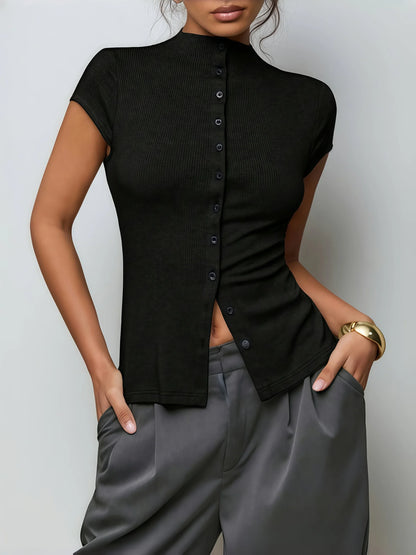 Mock Neck Button Top