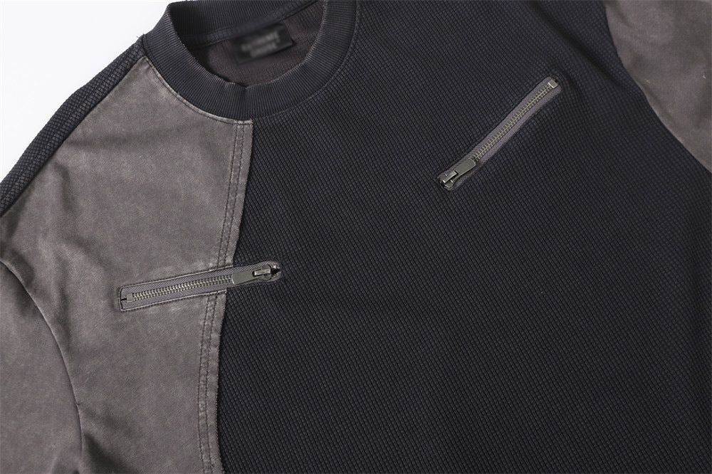 DAXUEN Asymmetrical panel t-shirt in charcoal grey and dark waffle knit