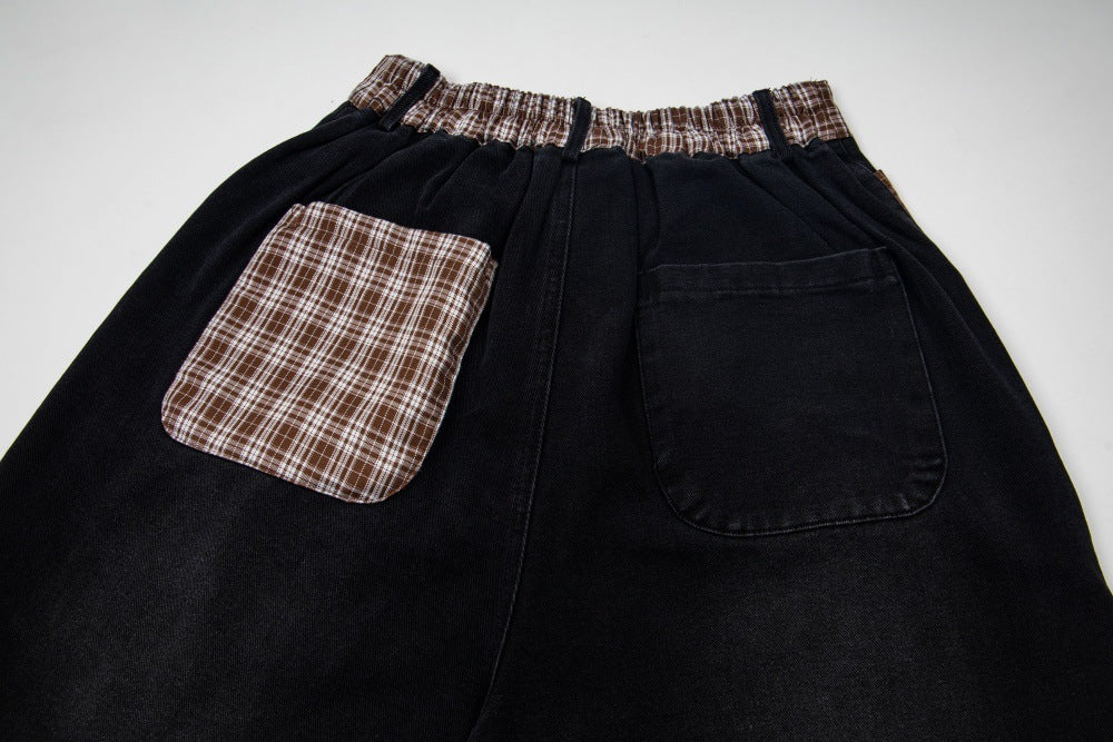 DAXUEN Cropped wide-leg denim pants with embroidery and plaid details