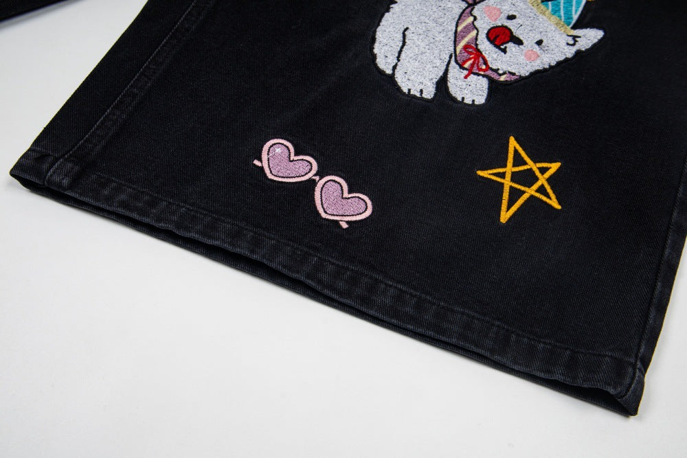 DAXUEN Cropped wide-leg denim pants with embroidery and plaid details