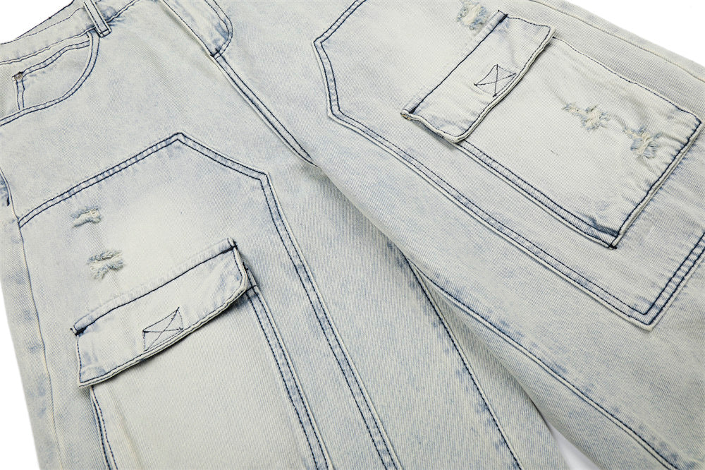 DAXUEN Men's loose-fit wide-leg acid-washed cargo shorts