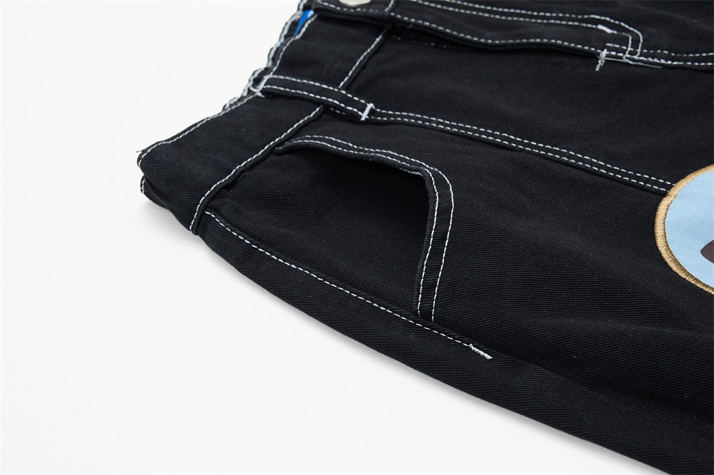 DAXUEN Black wide leg cargo pants with colorful cat patches
