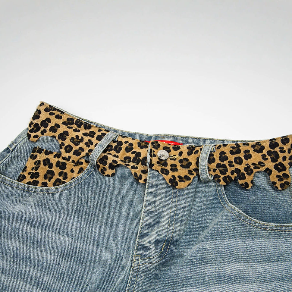 DAXUEN light blue distressed leopard print waistband culottes