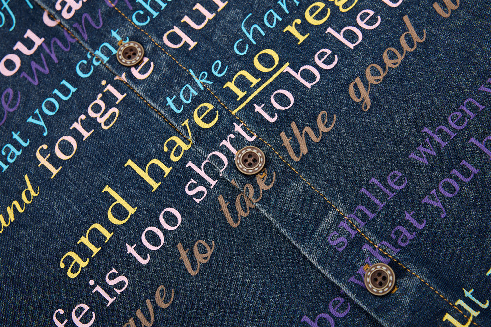 DAXUEN Short-sleeved faded denim shirt with graphic text