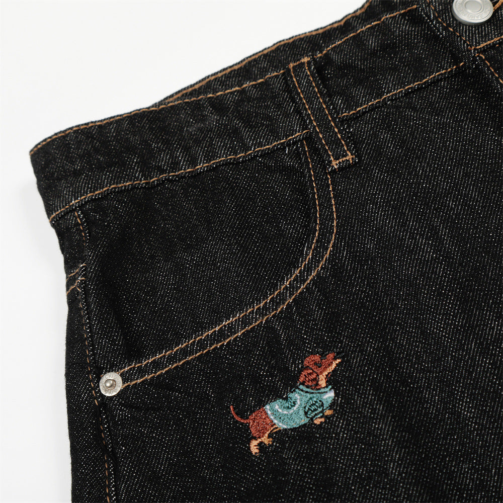 DAXUEN Wide leg denim trousers with dachshund embroidery