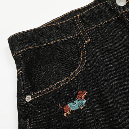 DAXUEN Wide leg denim trousers with dachshund embroidery