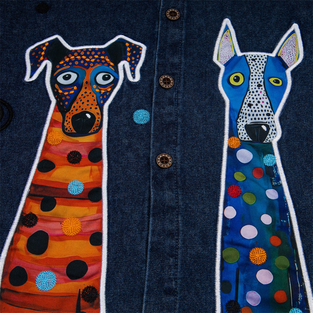 DAXUEN Short-sleeved denim shirt with embroidered graphics