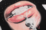 DAXUEN Oversized black short-sleeved t-shirt with lips graphic and studs