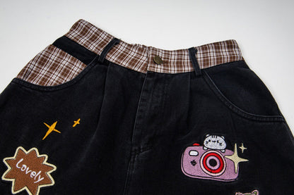 DAXUEN Cropped wide-leg denim pants with embroidery and plaid details