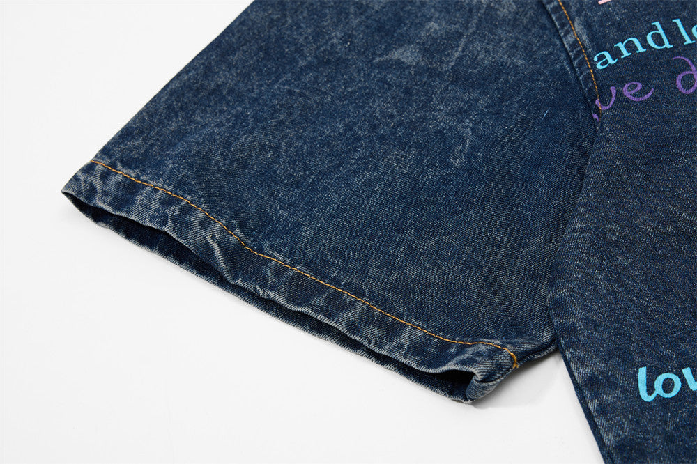 DAXUEN Short-sleeved faded denim shirt with graphic text