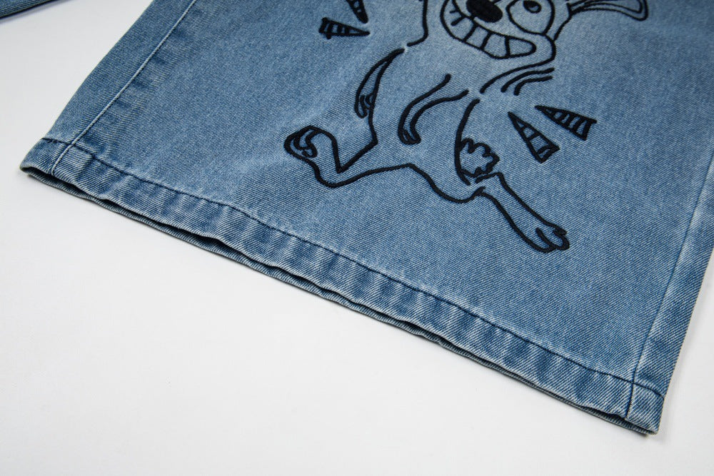 DAXUEN Loose-fitting wide-leg denim trousers with cartoon embroidery