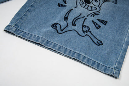 DAXUEN Loose-fitting wide-leg denim trousers with cartoon embroidery