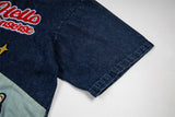 DAXUEN Cartoon patchwork denim button-up shirt