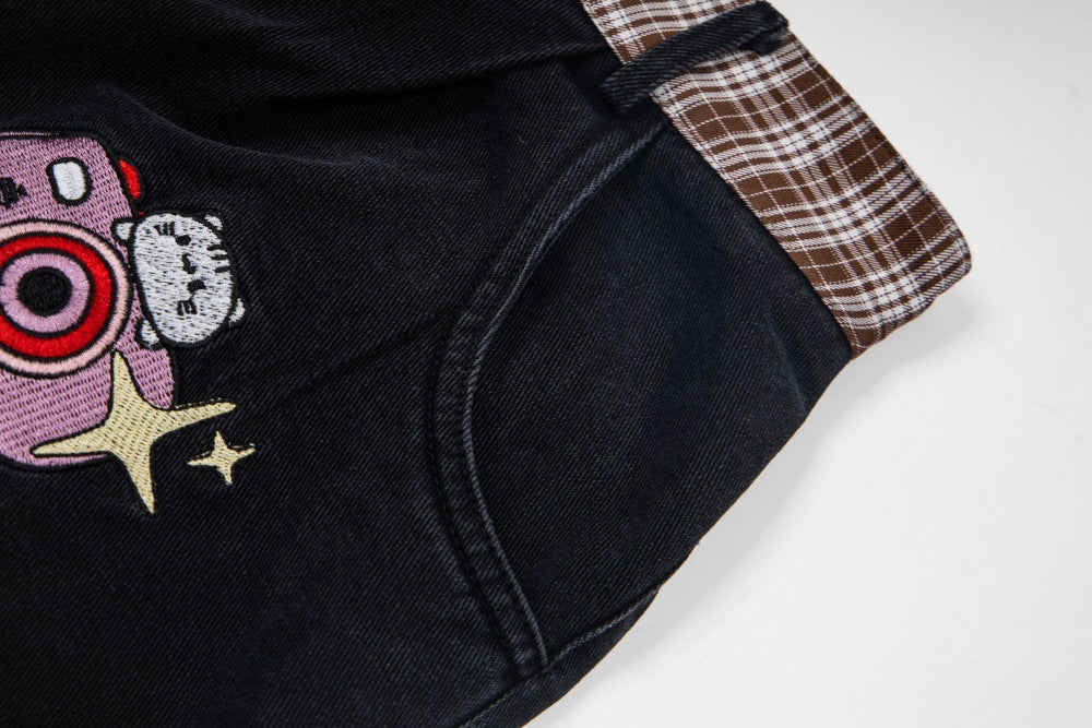 DAXUEN Cropped wide-leg denim pants with embroidery and plaid details