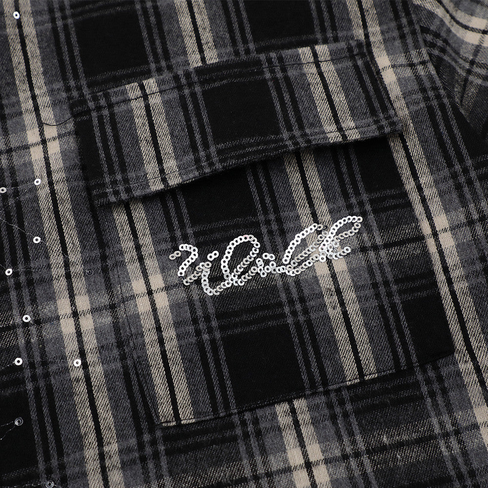 DAXUEN Short-sleeve plaid shirt with sequin embroidery