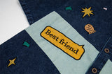 DAXUEN Cartoon patchwork denim button-up shirt