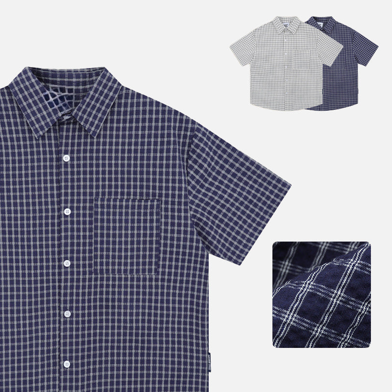 Grid Pattern Loose-Fit Short Sleeve Shirt