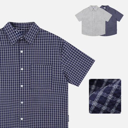 Grid Pattern Loose-Fit Short Sleeve Shirt