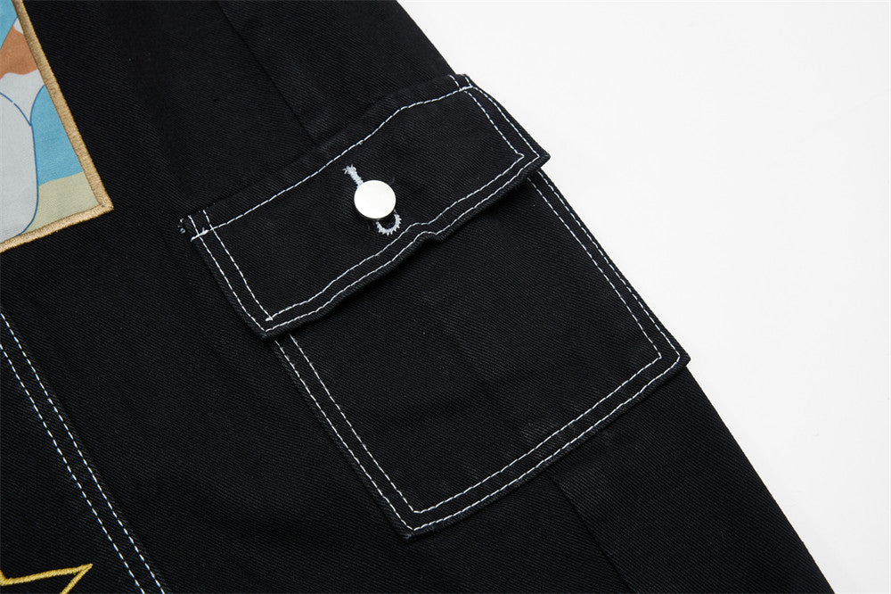 DAXUEN Black wide leg cargo pants with colorful cat patches