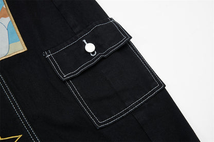 DAXUEN Black wide leg cargo pants with colorful cat patches