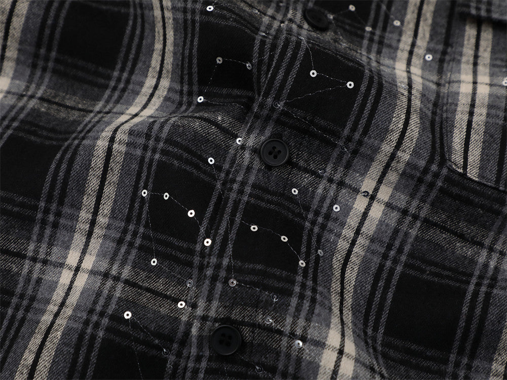 DAXUEN Short-sleeve plaid shirt with sequin embroidery