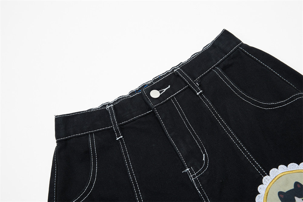 DAXUEN Black wide leg cargo pants with colorful cat patches