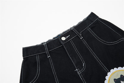 DAXUEN Black wide leg cargo pants with colorful cat patches