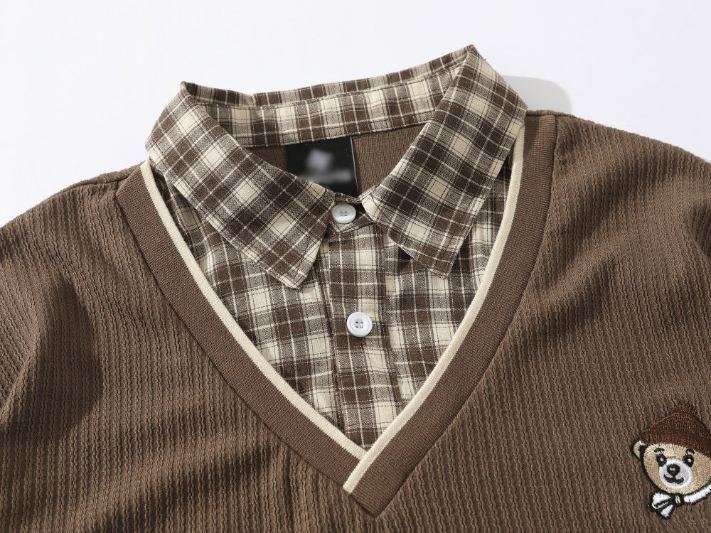 DAXUEN Layered illusion plaid pullover shirt with short sleeves