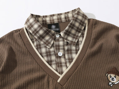 DAXUEN Layered illusion plaid pullover shirt with short sleeves