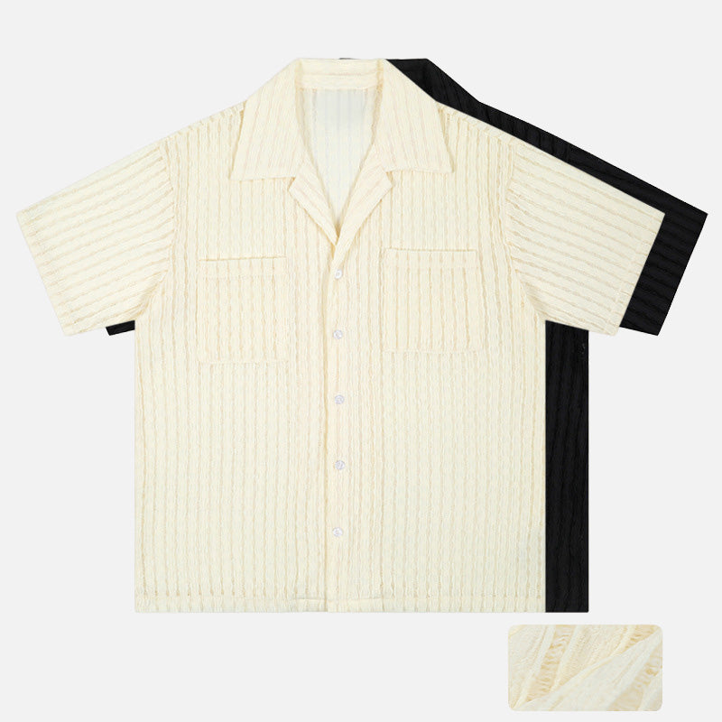 Cuban Collar Crinkled Button-Up Shirt