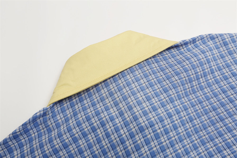 DAXUEN Short-sleeved plaid button-up shirt with cartoon cat patches