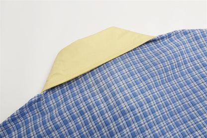 DAXUEN Short-sleeved plaid button-up shirt with cartoon cat patches