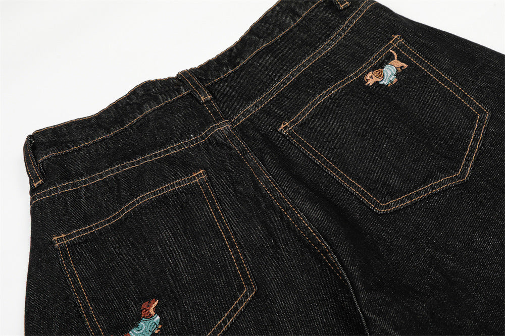DAXUEN Wide leg denim trousers with dachshund embroidery
