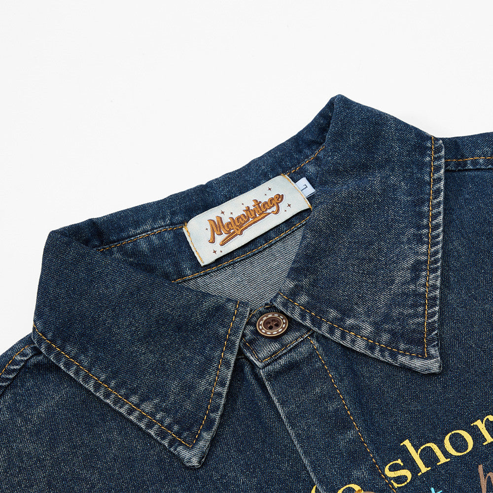 DAXUEN Short-sleeved faded denim shirt with graphic text