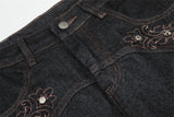 DAXUEN Dark indigo wide-leg denim pants with embroidery and studs