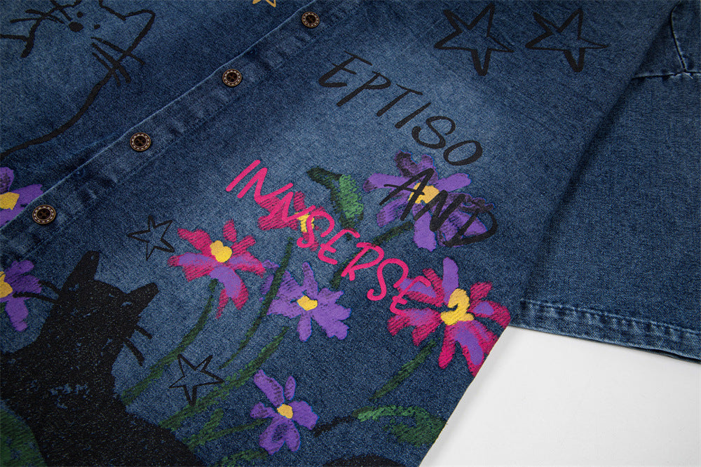 DAXUEN Floral graphic denim short-sleeved button-up shirt