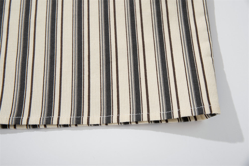 DAXUEN Cream vertical stripe short-sleeved button-up shirt