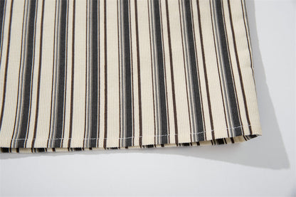 DAXUEN Cream vertical stripe short-sleeved button-up shirt